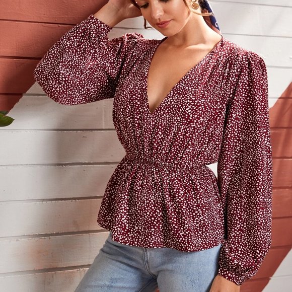SHEIN Tops - SHEIN Dalmatian Print Bishop Sleeve Peplum Blouse